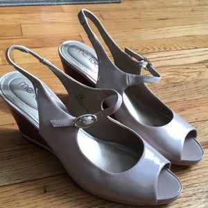 ...me too nude patent open toe wedges